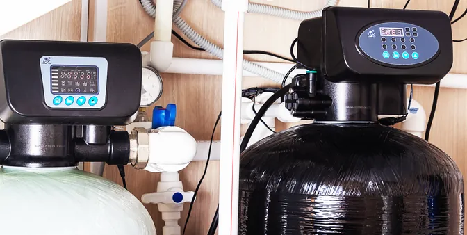 Two whole-home water softener and filtration tanks installed in a basement