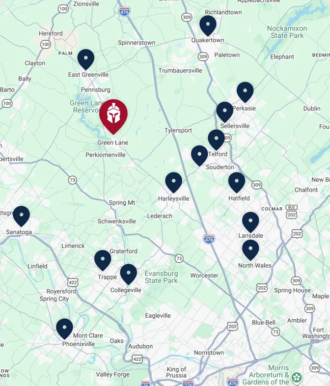 Map of the Guardian Solutions Plus service area across Montgomery and Bucks County, Pennsylvania